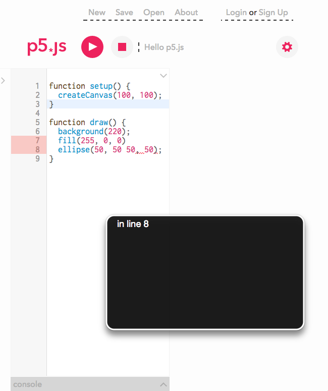 screenshot of the p5 IDE with lint errors and screen reader output