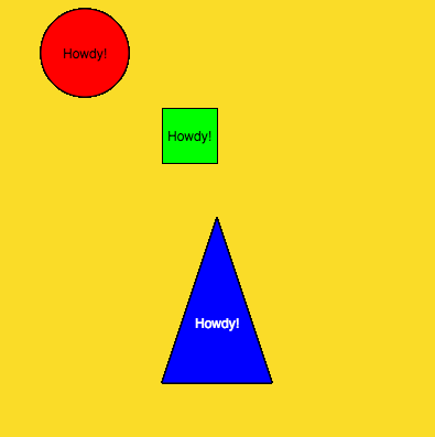 screenshot of example. Red circle, green square and blue triangle are on canvas with text Howdy in them