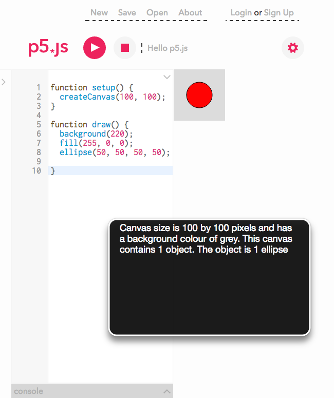 screenshot of the p5 IDE with canvas output of a red ball and screen reader output
