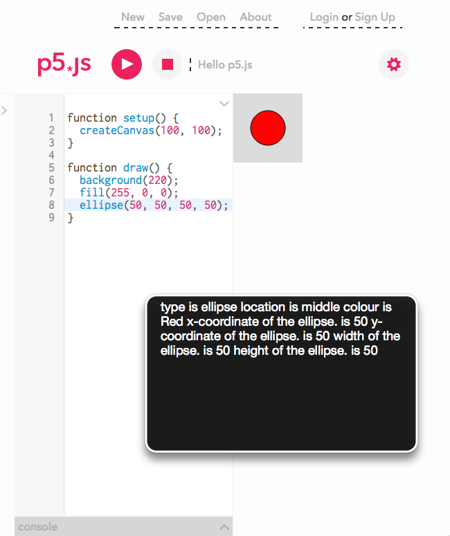 screenshot of the p5 IDE with canvas output of a red ball and screen reader output
